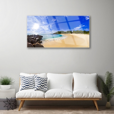 Glass Wall Art Sun sea beach landscape yellow blue brown