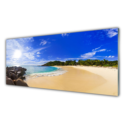 Glass Wall Art Sun sea beach landscape yellow blue brown