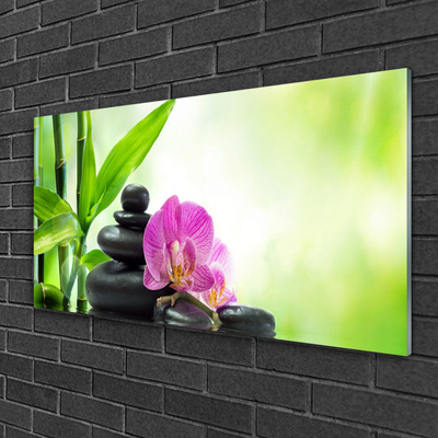 Glass Wall Art Bamboo tube flower stones floral green black pink