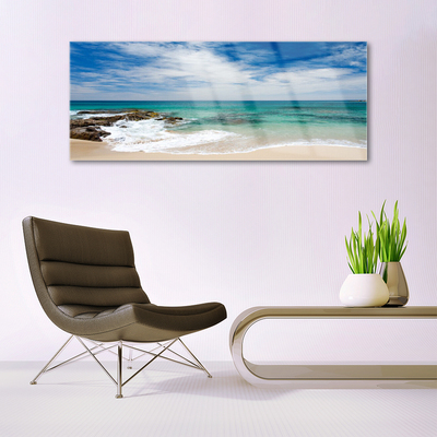 Glass Wall Art Beach sea landscape white blue