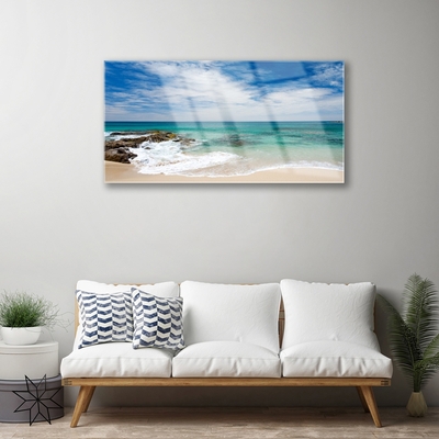 Glass Wall Art Beach sea landscape white blue