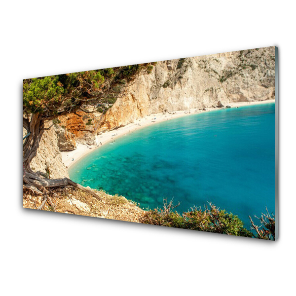 Glass Wall Art Bay tree landscape blue brown green