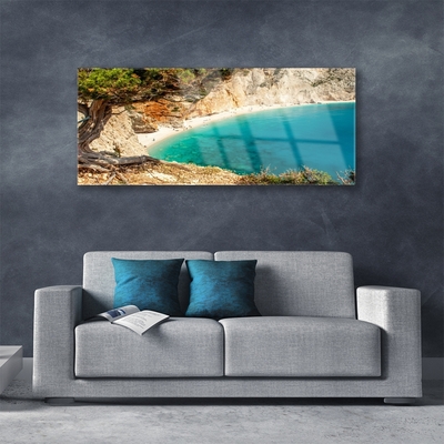 Glass Wall Art Bay tree landscape blue brown green