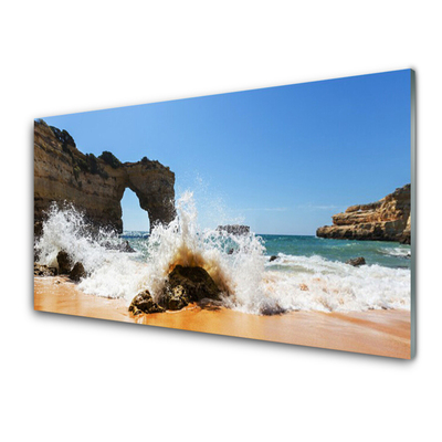 Glass Wall Art Beach sea landscape brown white yellow