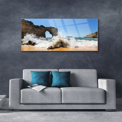 Glass Wall Art Beach sea landscape brown white yellow