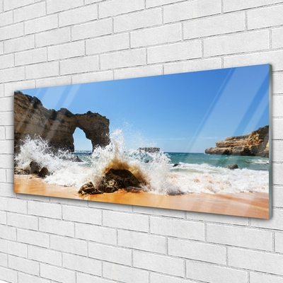 Glass Wall Art Beach sea landscape brown white yellow