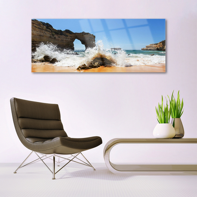 Glass Wall Art Beach sea landscape brown white yellow