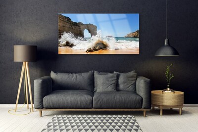 Glass Wall Art Beach sea landscape brown white yellow