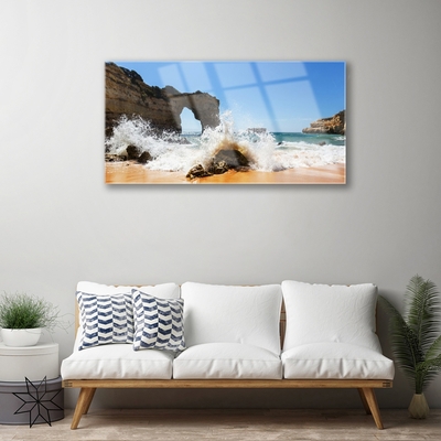 Glass Wall Art Beach sea landscape brown white yellow