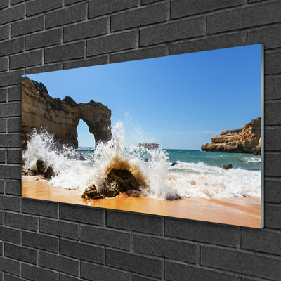 Glass Wall Art Beach sea landscape brown white yellow