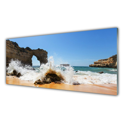 Glass Wall Art Beach sea landscape brown white yellow