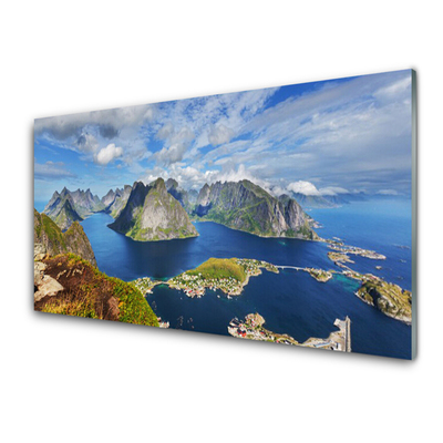 Glass Wall Art Bay rocks landscape blue grey green