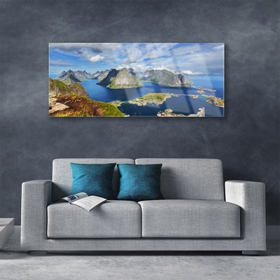 Glass Wall Art Bay rocks landscape blue grey green