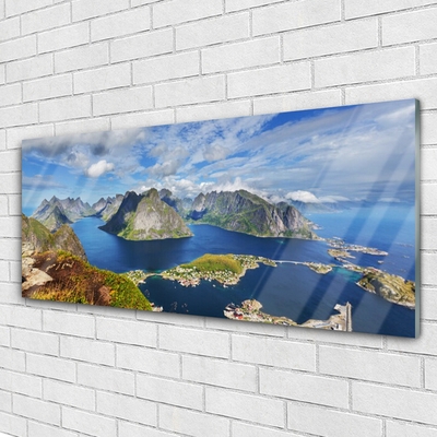 Glass Wall Art Bay rocks landscape blue grey green