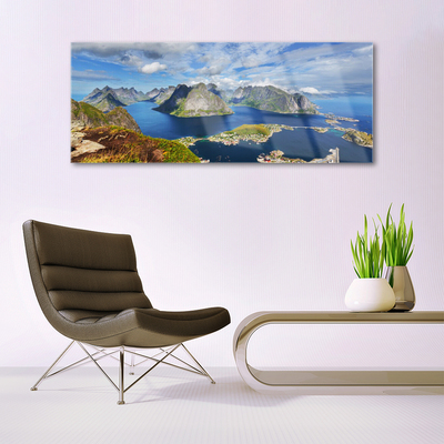 Glass Wall Art Bay rocks landscape blue grey green