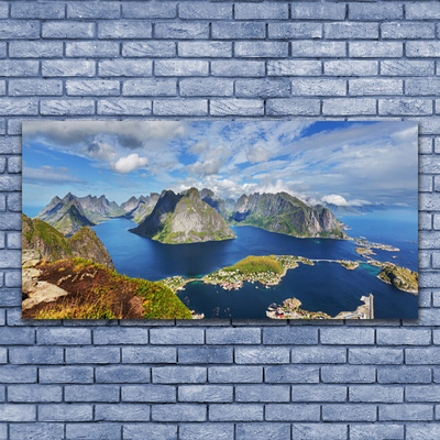 Glass Wall Art Bay rocks landscape blue grey green