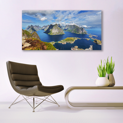 Glass Wall Art Bay rocks landscape blue grey green