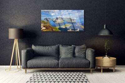 Glass Wall Art Bay rocks landscape blue grey green