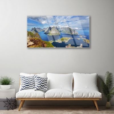 Glass Wall Art Bay rocks landscape blue grey green