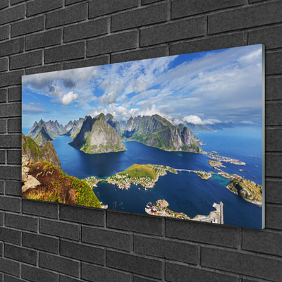 Glass Wall Art Bay rocks landscape blue grey green