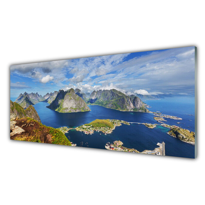 Glass Wall Art Bay rocks landscape blue grey green