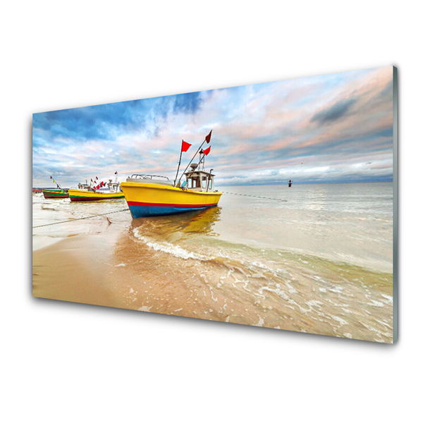 Glass Wall Art Boats beach sea landscape brown green red blue