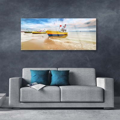 Glass Wall Art Boats beach sea landscape brown green red blue