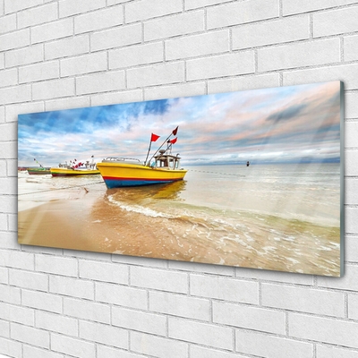 Glass Wall Art Boats beach sea landscape brown green red blue