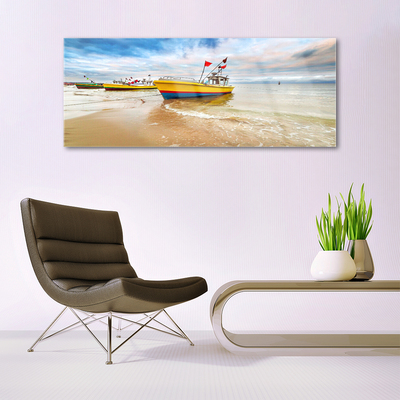 Glass Wall Art Boats beach sea landscape brown green red blue