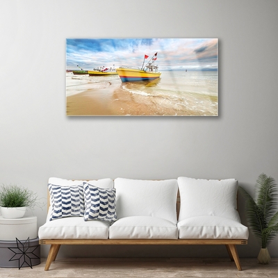 Glass Wall Art Boats beach sea landscape brown green red blue