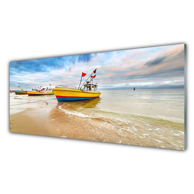 Glass Wall Art Boats beach sea landscape brown green red blue