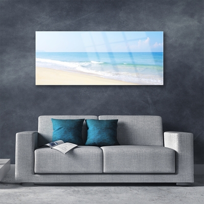 Glass Wall Art Beach sea landscape white blue