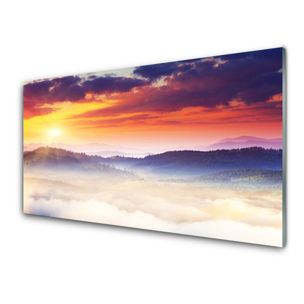 Glass Wall Art Mountain sun landscape yellow purple white