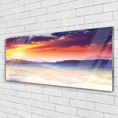 Glass Wall Art Mountain sun landscape yellow purple white