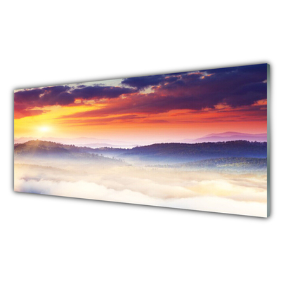 Glass Wall Art Mountain sun landscape yellow purple white