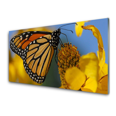 Glass Wall Art Butterfly flower nature black white yellow