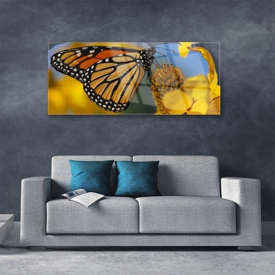 Glass Wall Art Butterfly flower nature black white yellow