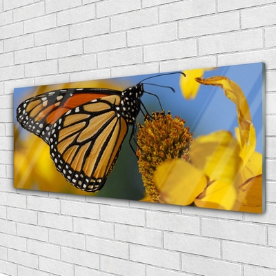 Glass Wall Art Butterfly flower nature black white yellow