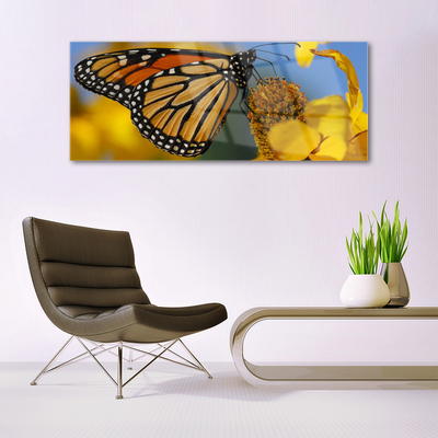 Glass Wall Art Butterfly flower nature black white yellow