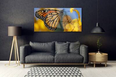 Glass Wall Art Butterfly flower nature black white yellow