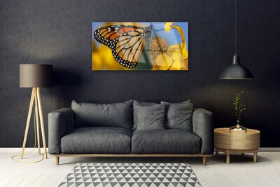 Glass Wall Art Butterfly flower nature black white yellow