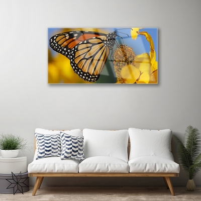 Glass Wall Art Butterfly flower nature black white yellow