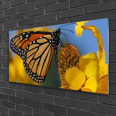 Glass Wall Art Butterfly flower nature black white yellow