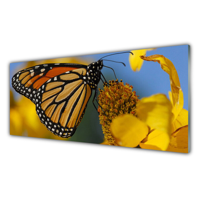 Glass Wall Art Butterfly flower nature black white yellow