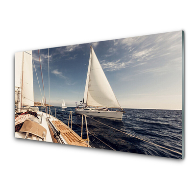 Glass Wall Art Boats sea landscape white brown blue