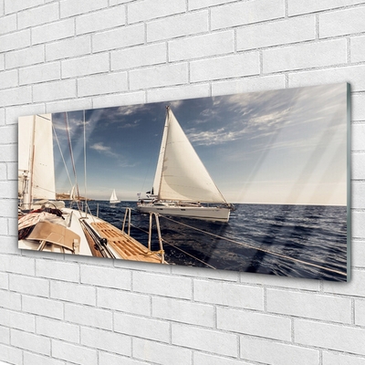 Glass Wall Art Boats sea landscape white brown blue