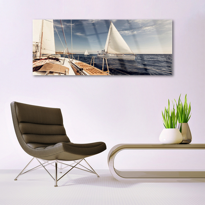 Glass Wall Art Boats sea landscape white brown blue