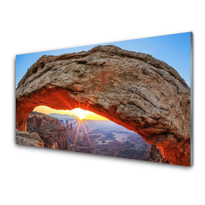 Glass Wall Art Rock sun landscape grey orange yellow