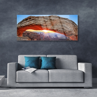 Glass Wall Art Rock sun landscape grey orange yellow