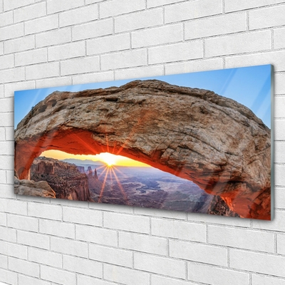 Glass Wall Art Rock sun landscape grey orange yellow